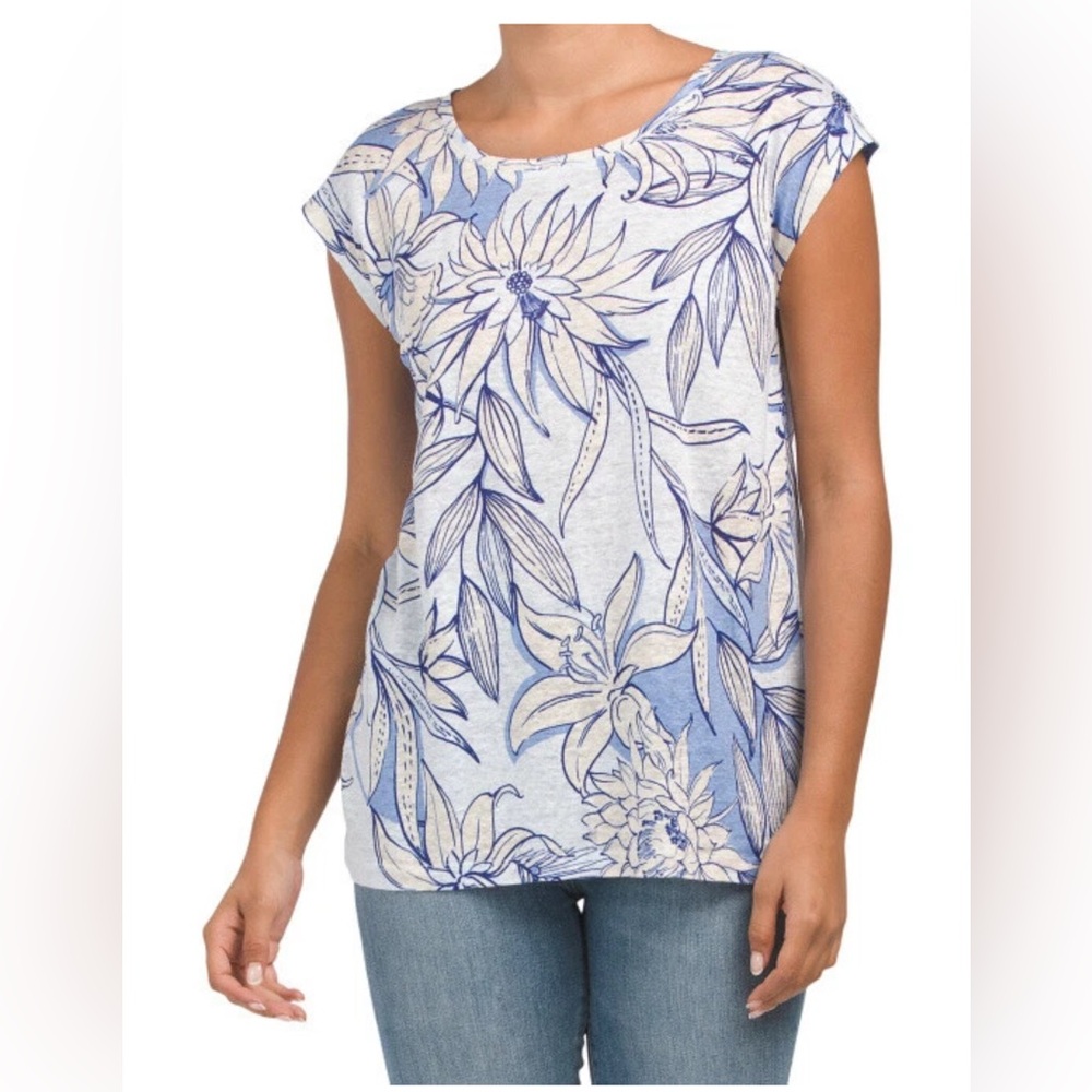 H HALSTON M 100% Linen Slub Knit Button back Top  Blue Beige Floral Women - Picture 2 of 8
